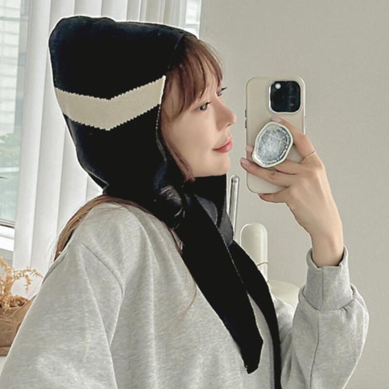 Women s Red Hooded Color Block Line Winter Neck Warmer A25359_Mid Beige