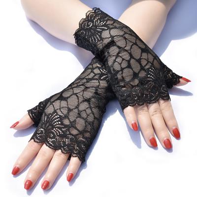 Women's Black Lace Half-Finger Gloves, Summer Breathable Hollow Out Gloves for Outdoor Wear