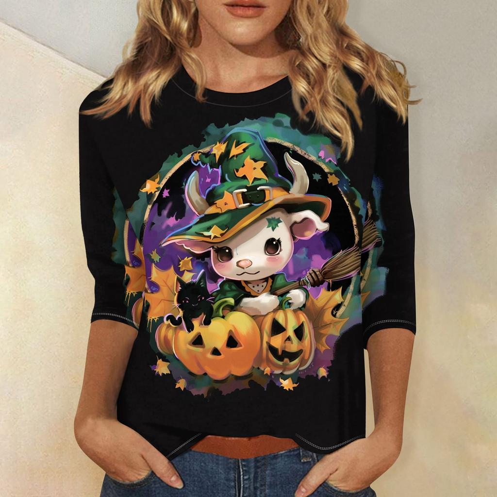 Women's Fashion Casual Three-quarter Sleeve Halloween Printed Round Neck Top