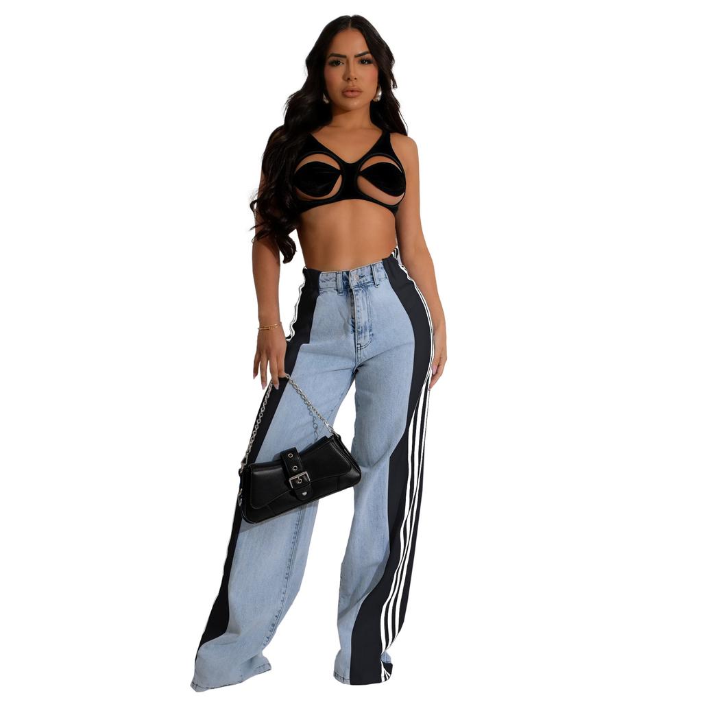 New Women's Patchwork Three-Stripe Wide Leg Jeans, Fashion Denim Straight Leg Stretch Pants for Casual Wear
