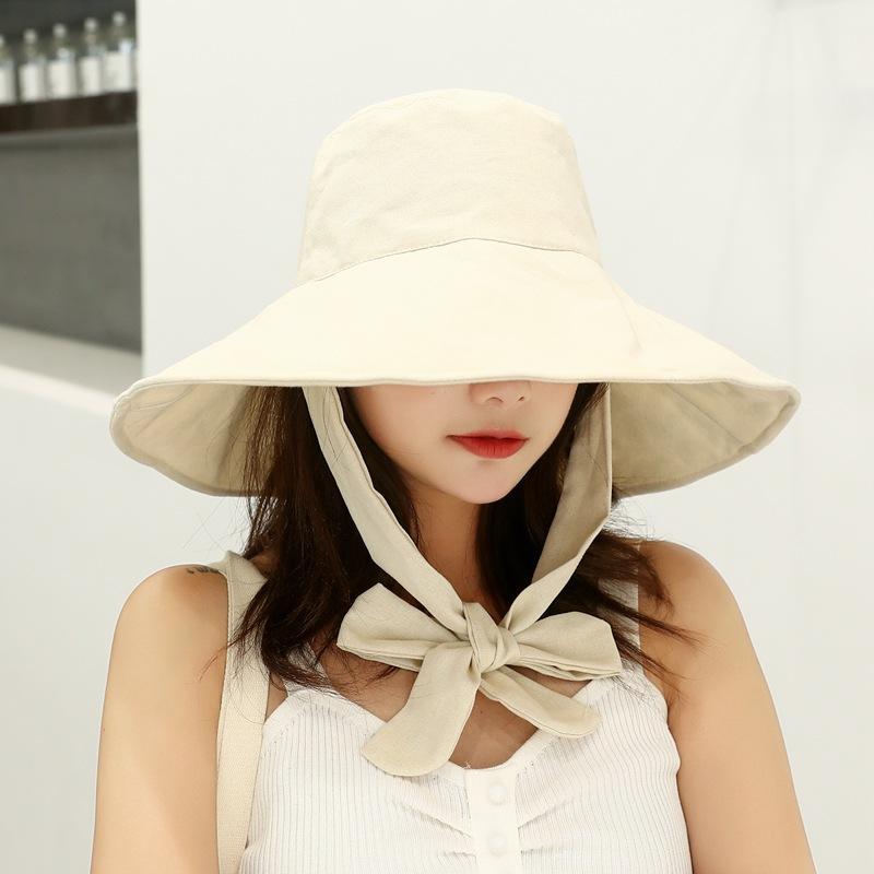Japanischer Leinen-Eimerhut mit langem Band - Breiter Rand Gesichtsabdeckung Sonnenhut für Damen, Koreanischer Stil Sommer Strand Reise Boater