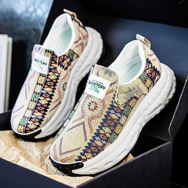 Foreign Trade One-pedal Thick-soled Dad Men's Versatile Printing Heightening Canvas Lazy Shoes Middle-aged and Elderly Lightweight Sports Shoes