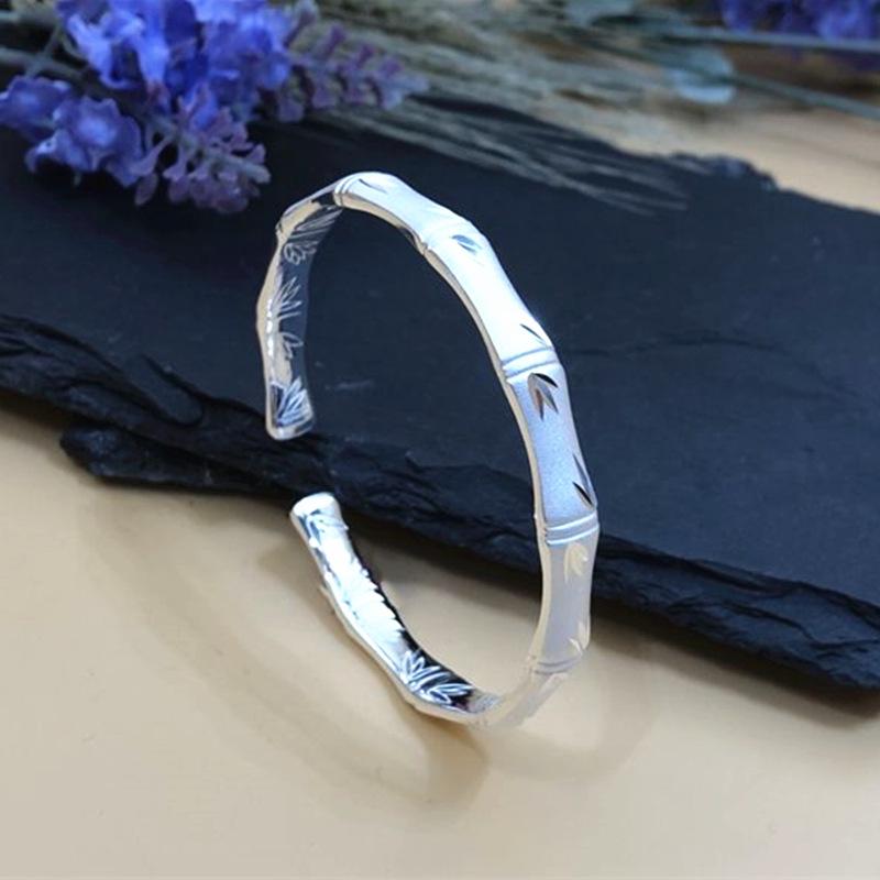 

Women s S925 Silver Frosted Bamboo Open Bangle - Stylish Gift for Mom