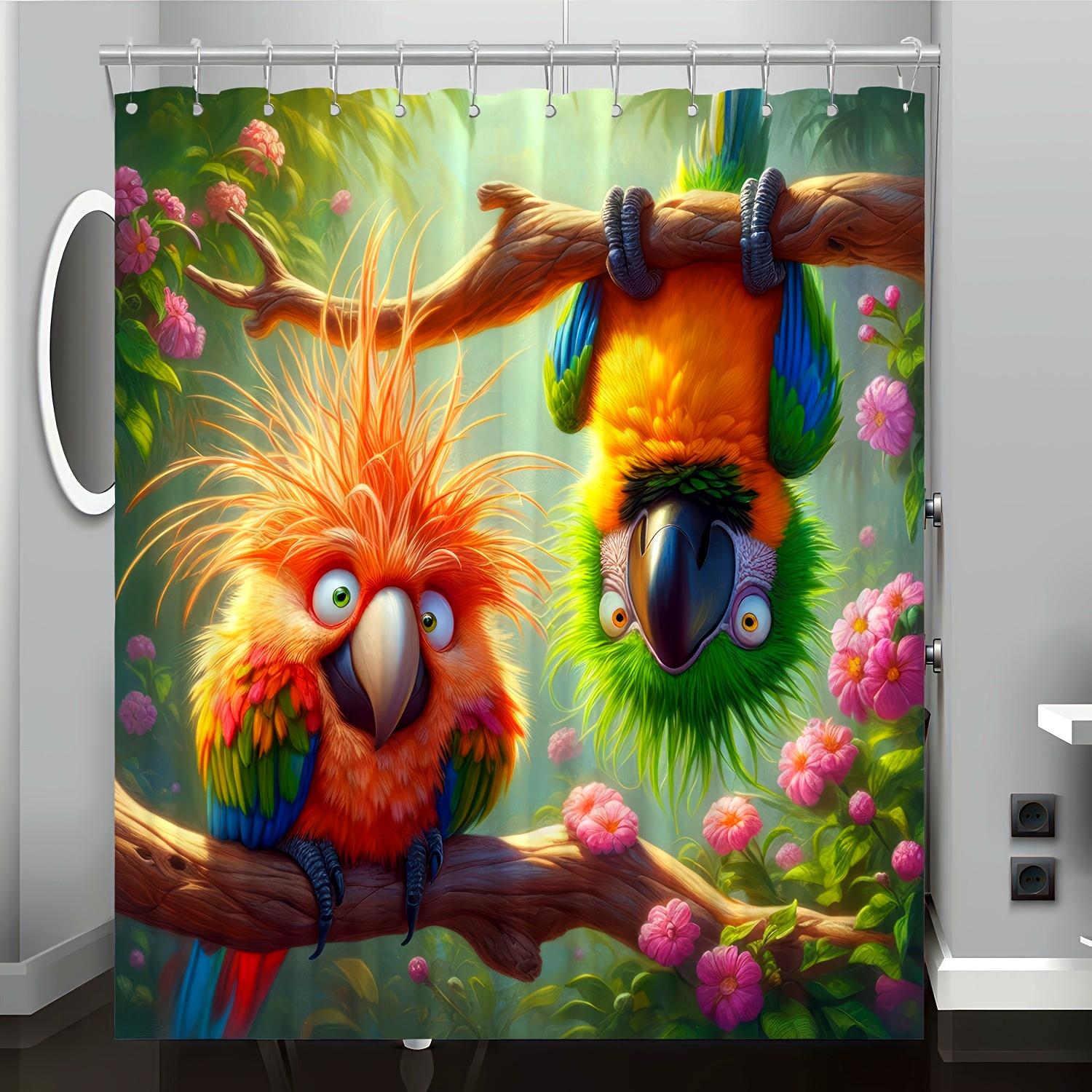 Forest Two Parrot Pattern Printed Shower Curtain, Bathroom Decoration, Complimentary Hook Machine Washable Shower Curtain W60H190(CM)-1 Pcs