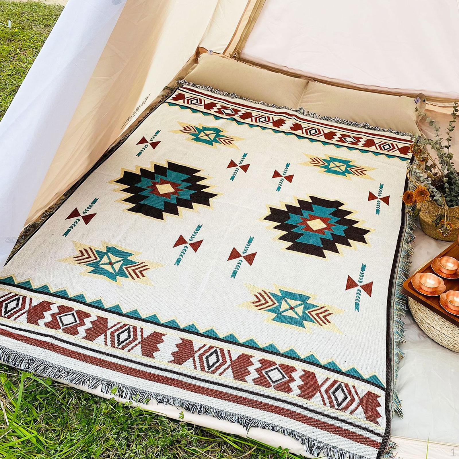 Bohemian Throw Blanket for Outdoor Picnic Washable Style Woven Tassel Knitted Camping Foldable Mat Beige Green