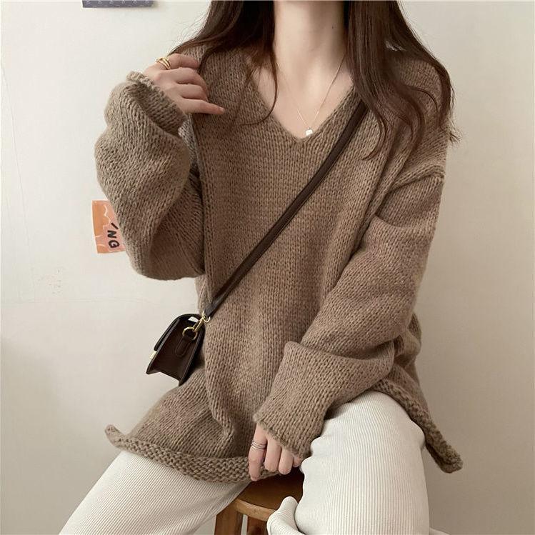 Spring Autumn Women's Lazy Style Sweater Coat Loose Slimming Pullover Minimalist Korean Style Soft Split Knit Top