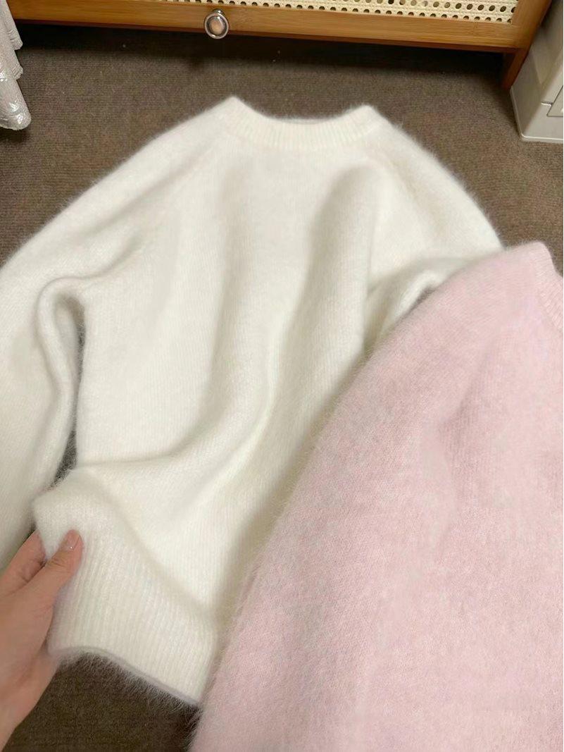 

Женский розовый мохеровый свитер - Свободный крой, Мягкий стиль молочного чая, Уютный вязаный топ M 48-53 kg белый