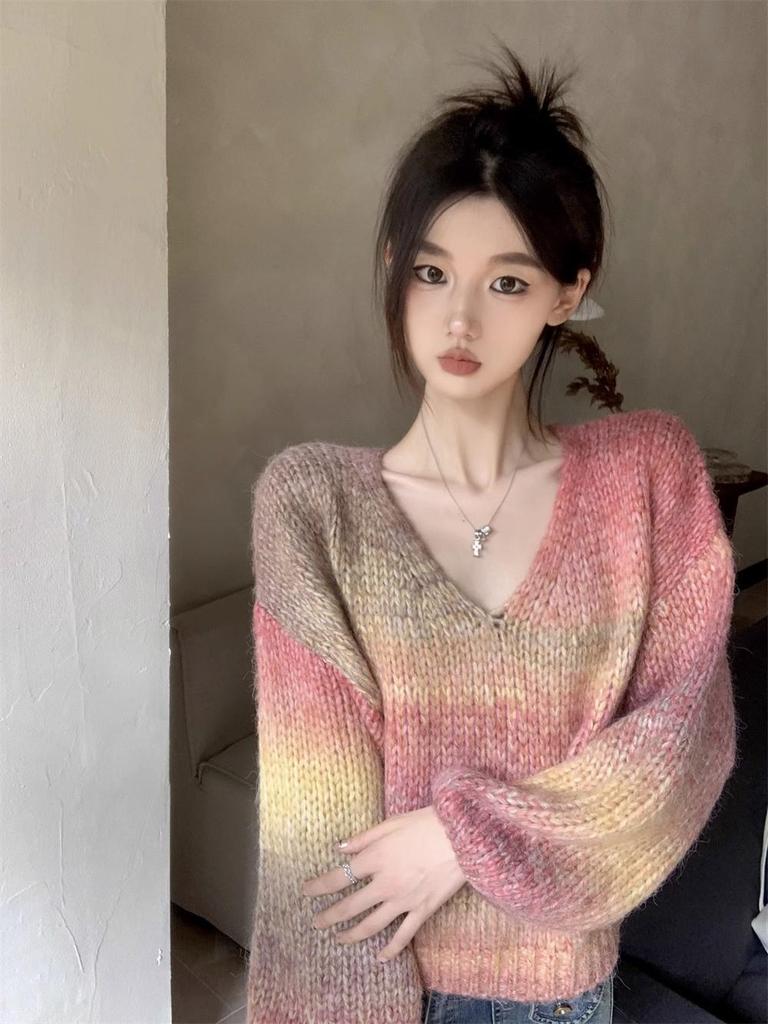 Retro Gradient V-Ausschnitt Strickpullover - Damen Locker Langarm Pullover für Herbst/Winter 2025