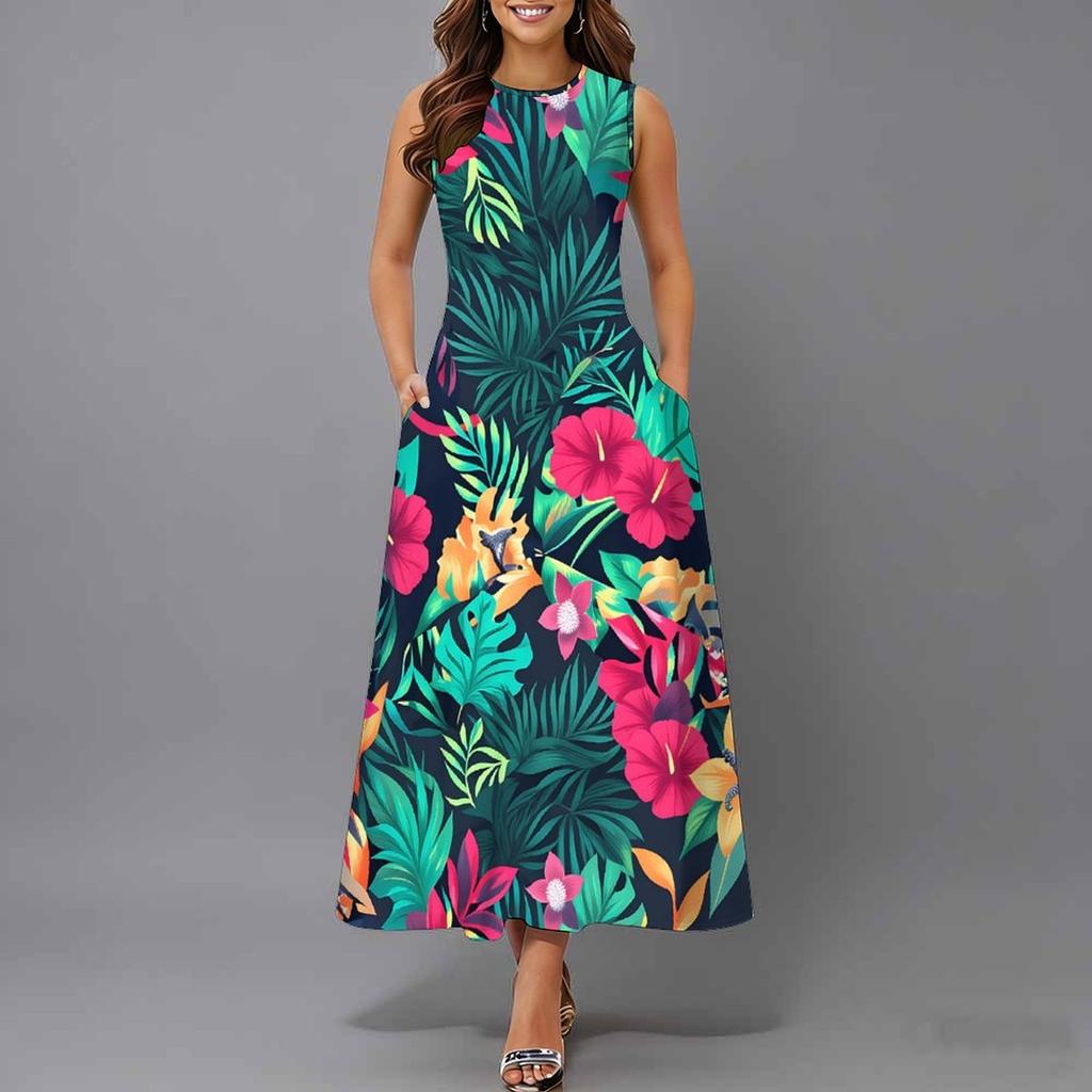 Oversized Female Sleeveless Round Neck Dress Fresh Tiny Floral Printed Loose Mid Length Outfit