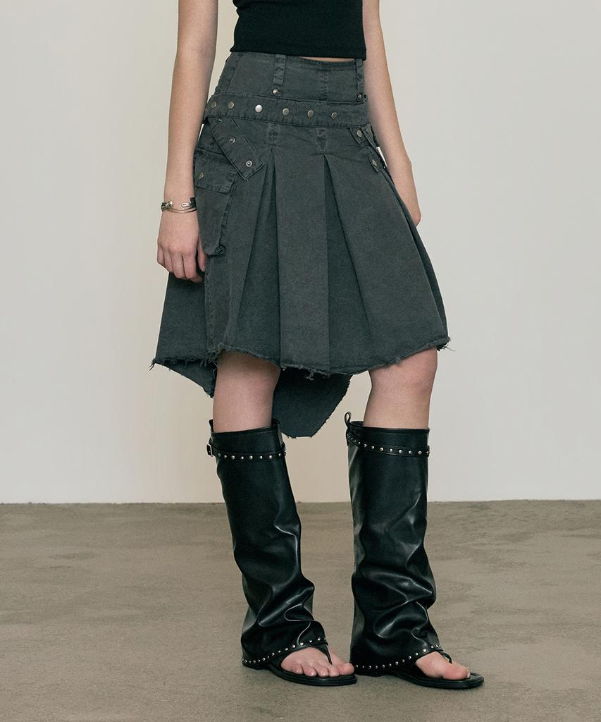 No Extra Touch Dyed Snap Stud Midi Skirt (Charcoal) / 26Smsk001Ch