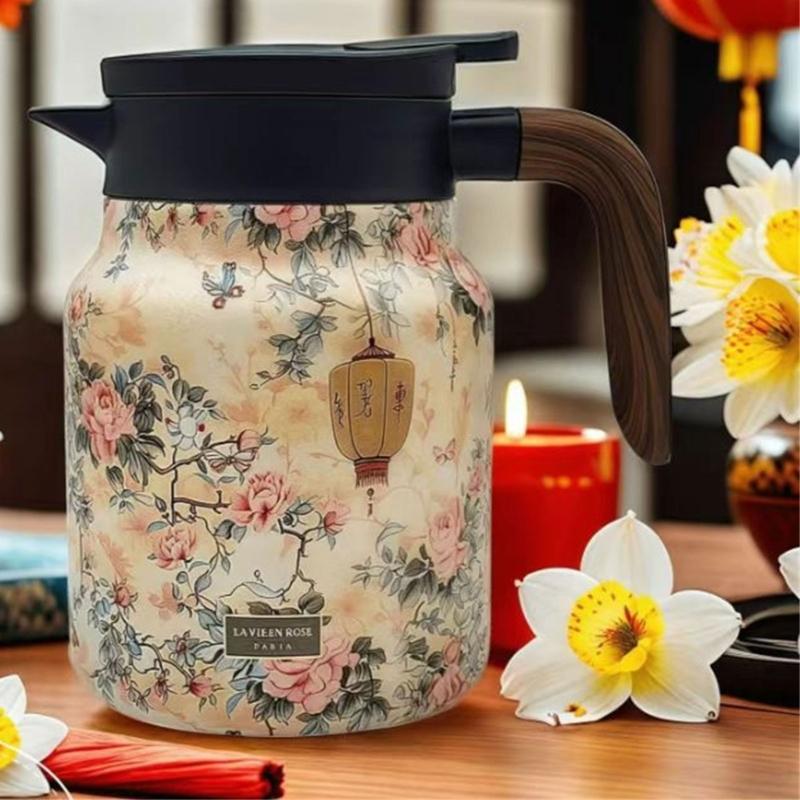 Premium Thermal Florals Teapot 1000ml Removable Infuser Stainless Steels Body And Ergonomic Wooden Handle Teas Kettle