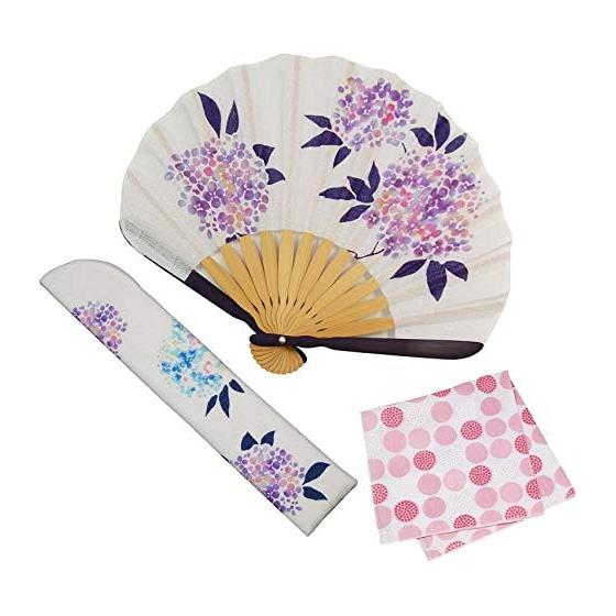[Osaka Choseido] Fan, Women s, Fashionable, Business, Fan Bag, Fan Holder, Set with Handkerchief, Hydrangea