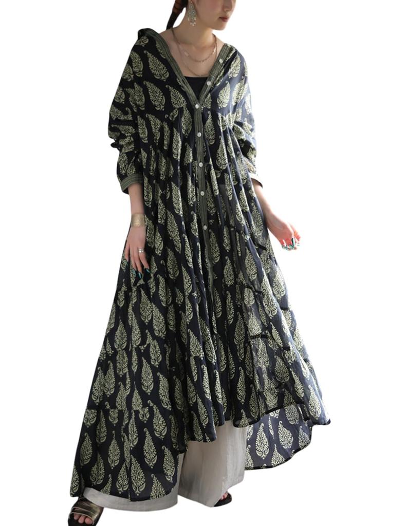 Antiqua Botanical Print Shirt Long One Size Black Dress, Women's, Sleeve, IYA-00092, 05,