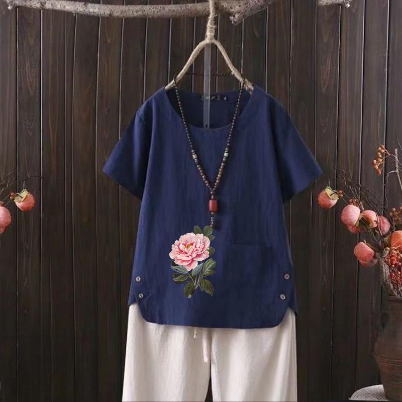 

Женская мода с цветочным принтом, летняя повседневная свободная футболка с коротким рукавом, летняя блузка, топы 4XL темно-синий