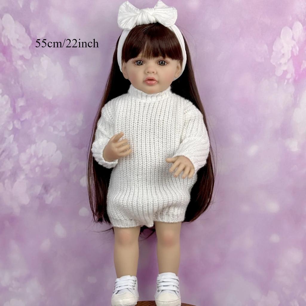 BZDOLL 55CM 22Inch Full Vinyl Body Reborn Baby Girl Doll Dress Up Brown Long Hair Princess Toddler Doll For Child Lovely Birthday Gift Handmade Toy