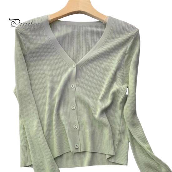Sun Knit Cardigan for Women Long Sleeve V-Neck Button Up Thin Ice Silk Coat Summer Ribbed Cropped Top for Outdoor Travel Work Beach