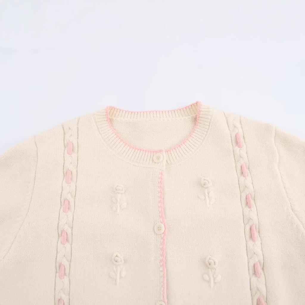 2025 Spring Women's Floral Color Block Crochet Knit Cardigan with Round Neck