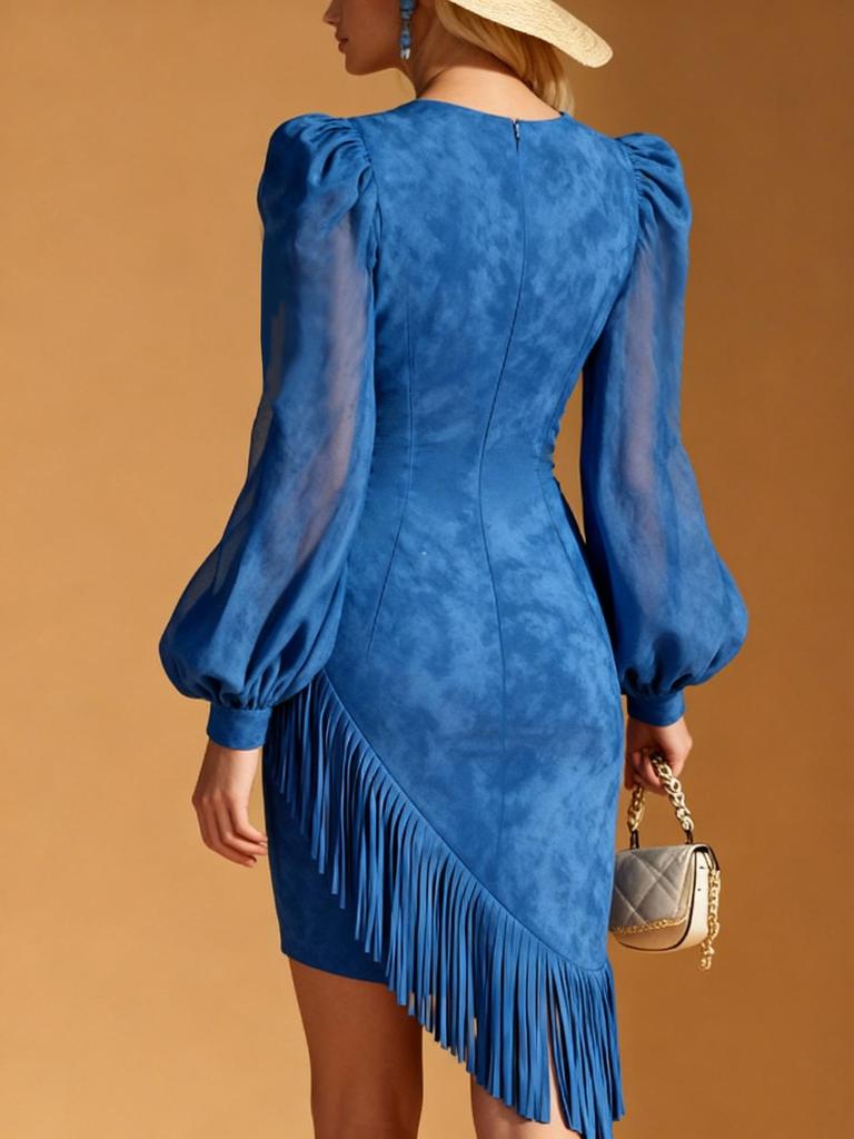 Faux Suede V-neck Lapel Zipper Tassel Hem Long Sleeve Women's Fashion