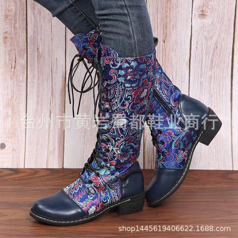 Autumn and winter new embroidery splicing boots women embroidery side zipper high boots high boots women