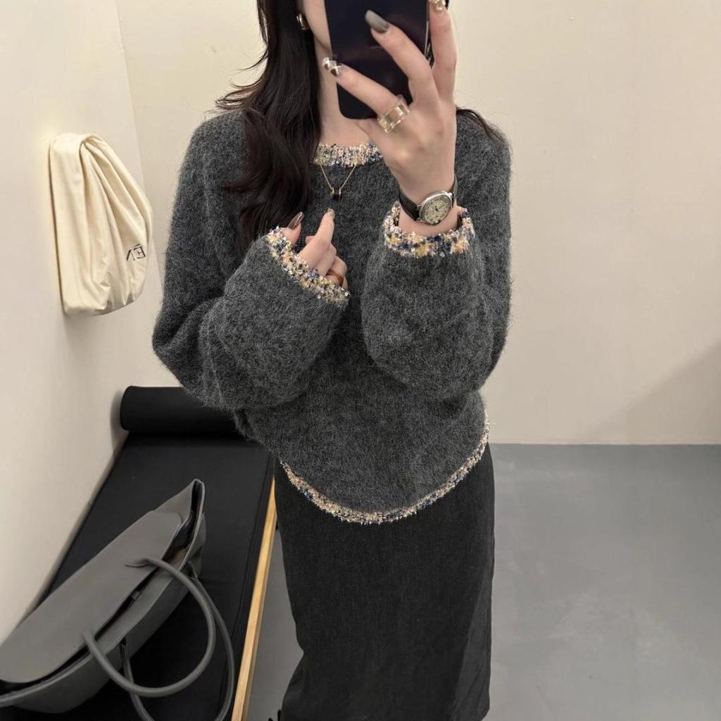 Rundhalsad pullover i koreansk stil: Enkel, Figurnära, Löst stickad tröja för höst & vinter