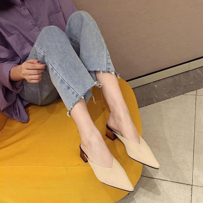 2025 Spring and Summer New Bag Head Half Slippers Women's Flying Woven Mid-heel Pointed Mueller Shoes Thick Heel Wear Lazy Cool Slippers