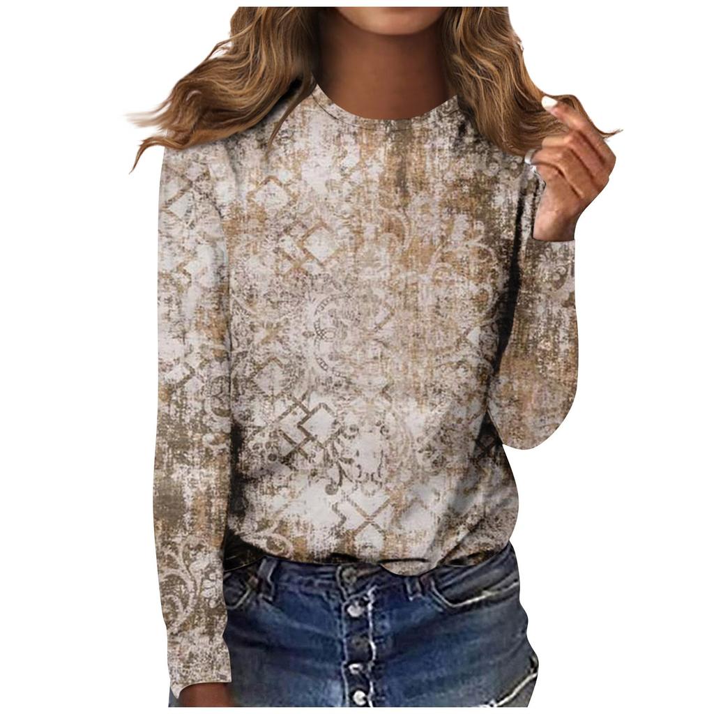 Women's Fashion Casual Long Sleeve Vintage Printed  Neck Top