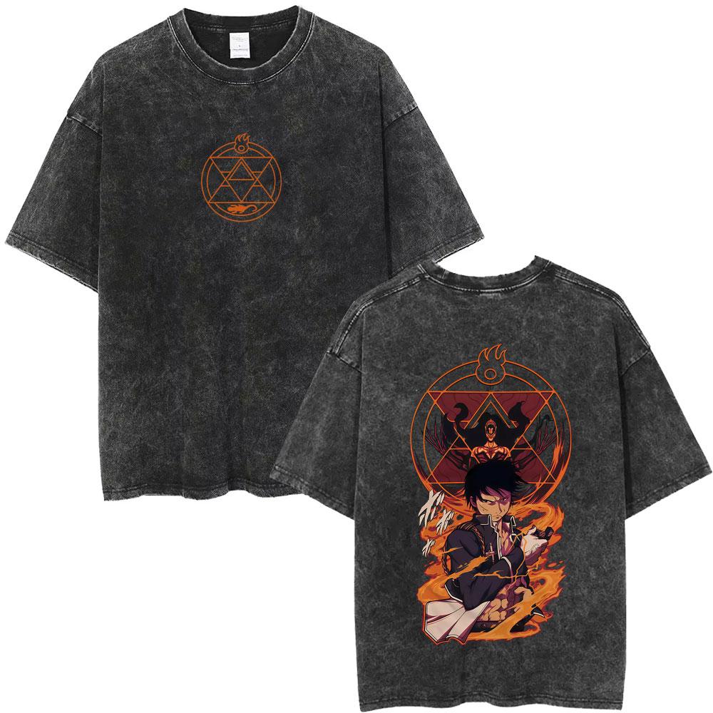 Camiseta Gráfica Lavada Vintage Anime Fullmetal Alchemist Edward Elric y Alphonse Elric para Hombre Mujer Manga Verano Retro Camisetas