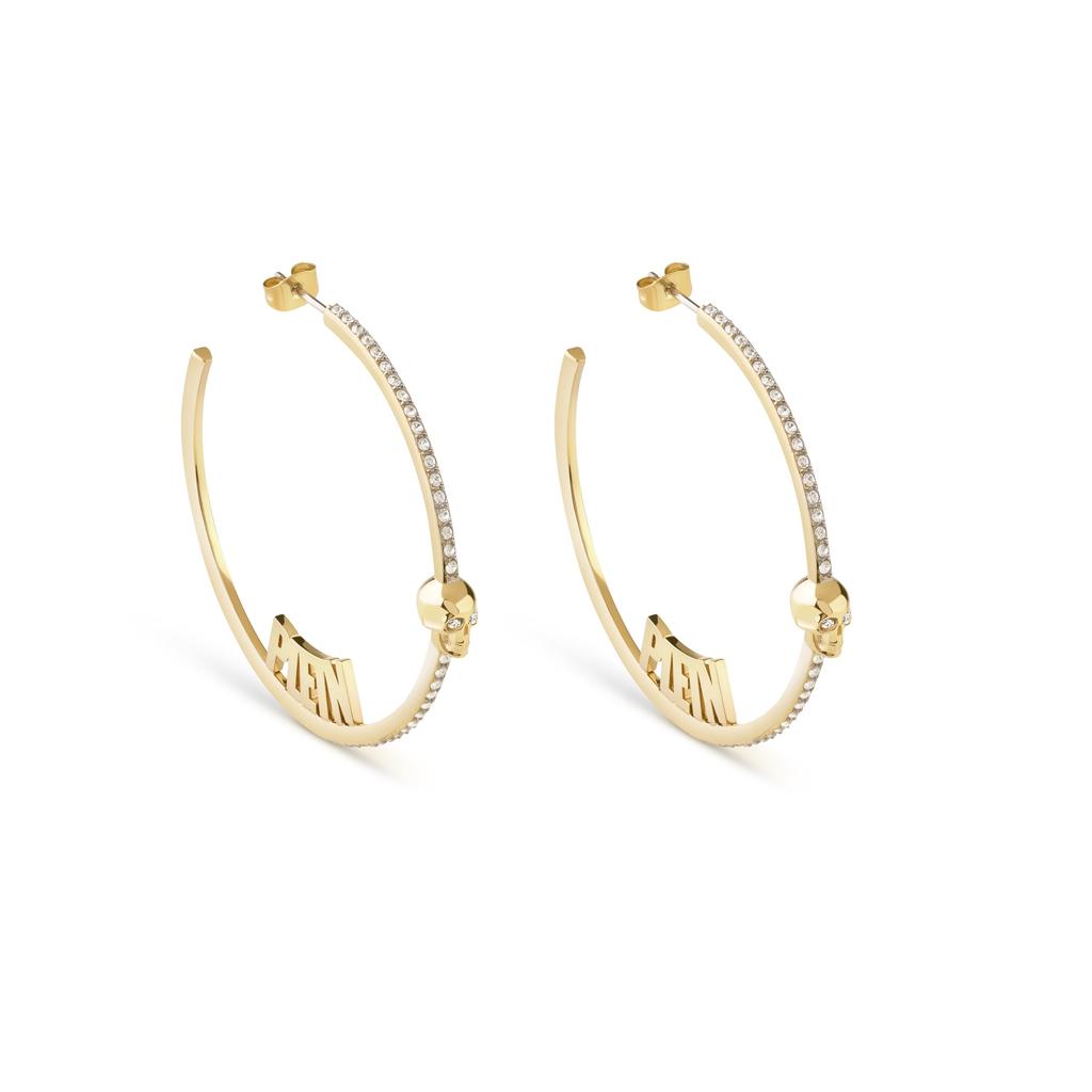 PLEIN Accessories Earrings Philipp Plein Jewelry LETTERING PJ1AA01EU LETTERING IP YELLOW GOLD CRYSTALS HOOP EARRINGS 50 Mm Yellow Gold Stainless Steel