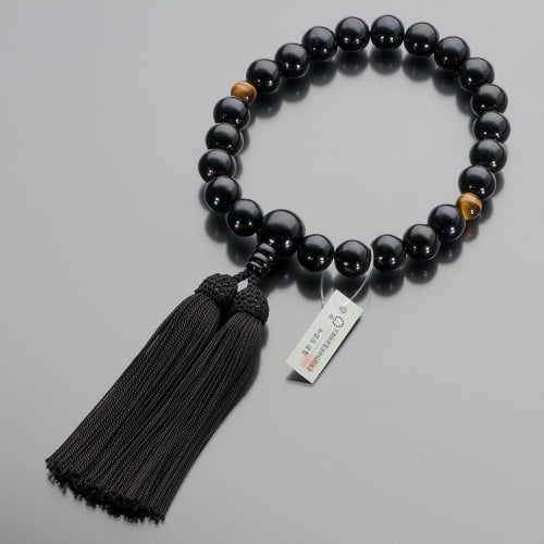 Buddhist Altar Shop Takita Shoten Buddhist Prayer Beads for Men, Ebony (Glossy), 2-Ten, Tiger's Eye Stone, 22 Beads, Silk Tassel, Prayer Bead Bag, Sui