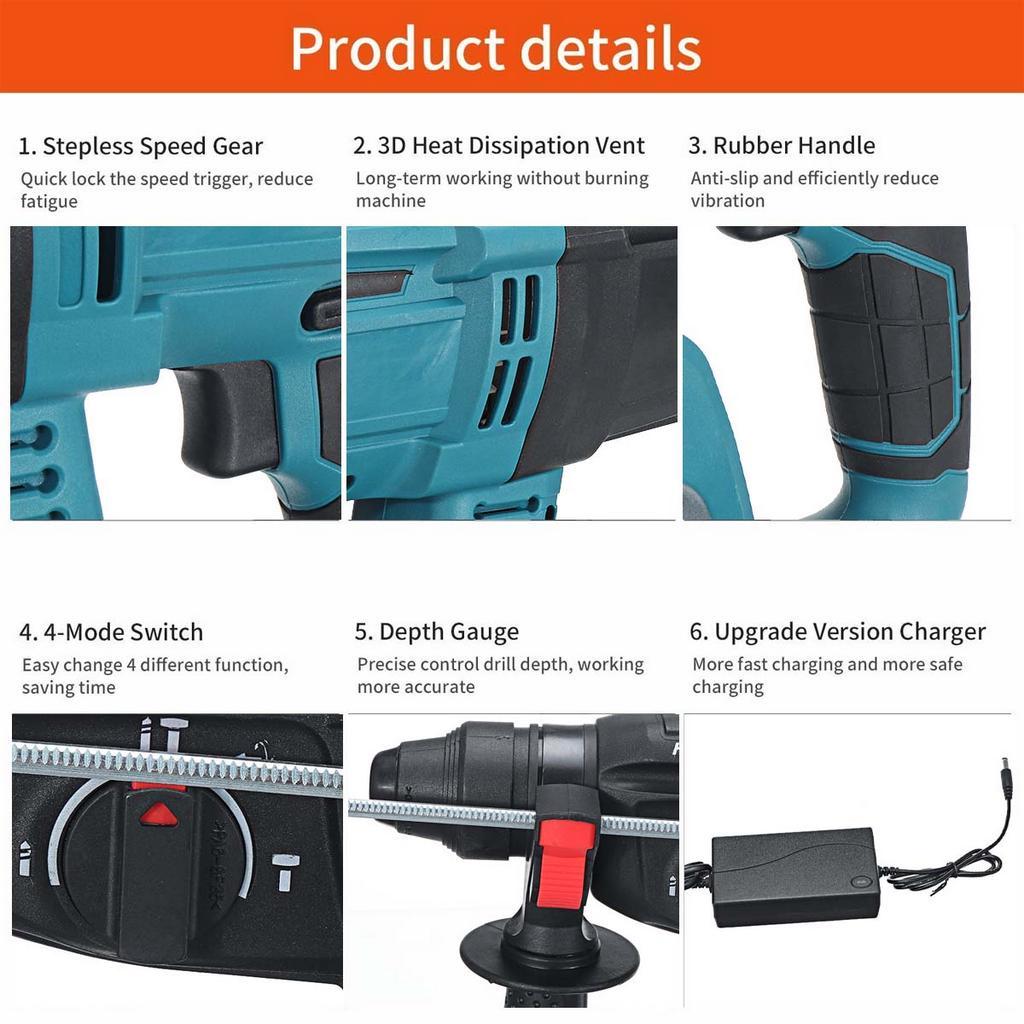 50-60Hz Brushless Electric Rotary Hammer 19800mAh Rechargeable Multifunction Electric Hammer Impact Power Drill Tool with Battery