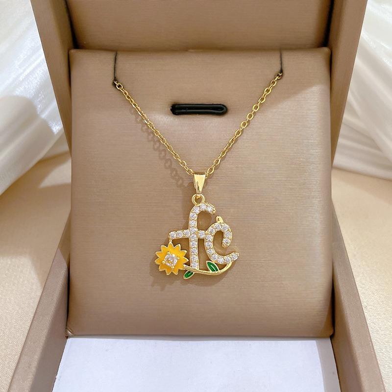 Fashion Zircon Fc Letter Zircon Daisy Pendant Necklace for Women Girls Sweet Stainless Steel Chain Jewelry Accessory Gifts