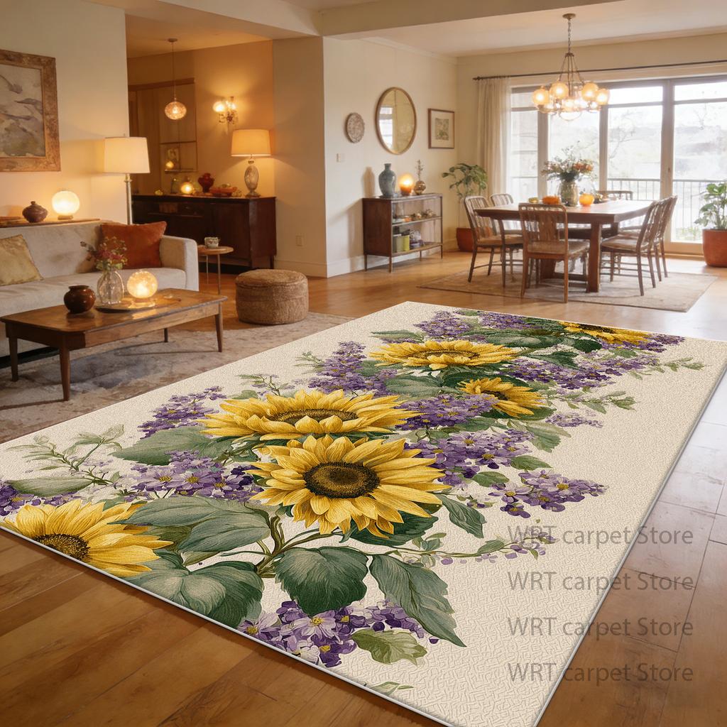 Tappeto Grande Stile Pastorale con Motivo Girasoli per Soggiorno Decorazione Piante Tappeti per Area Divano Casa Tappetino Soffice Lavabile per Giardino