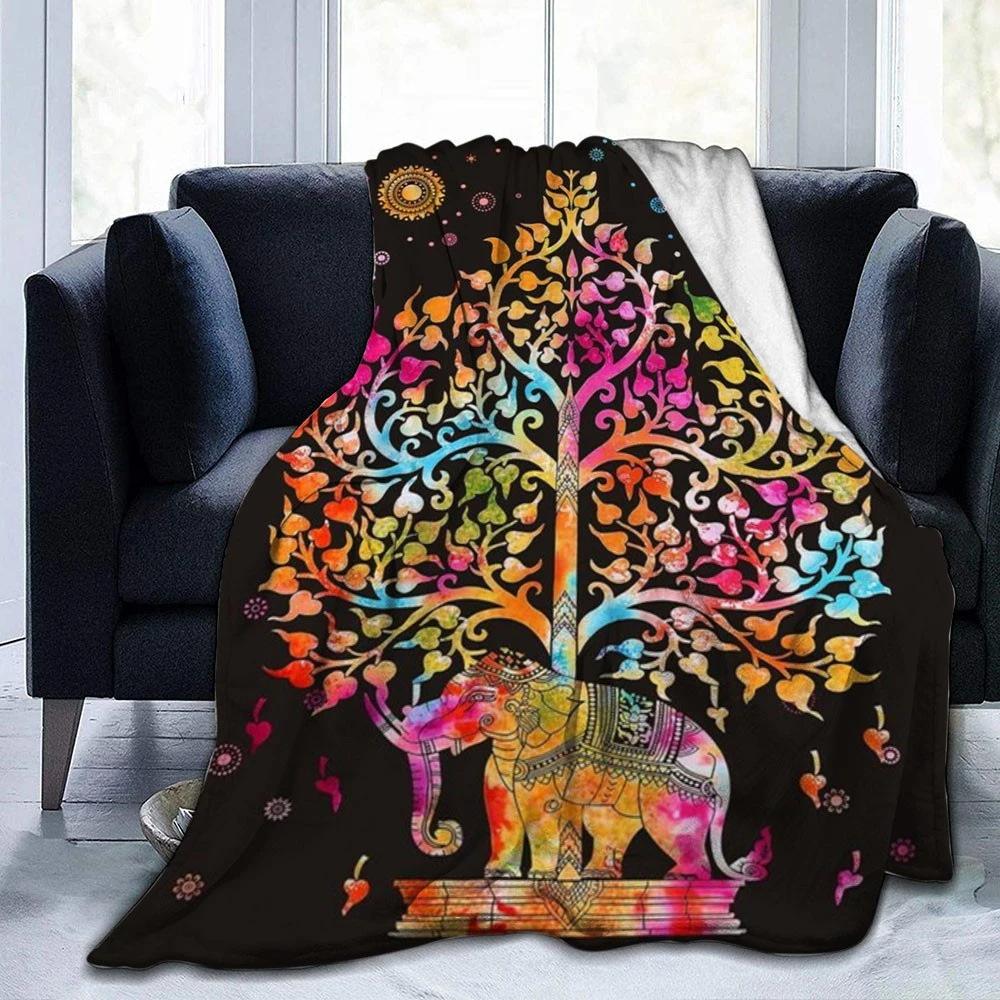 Mandala Elephant Themed Blanket Indian Style Flannel Blanket Bedroom Decorative Blanket Nap Blanket