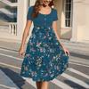 Fashion Women Summer Vintage Floral Dress Elegant Short Sleeve Midi Dress