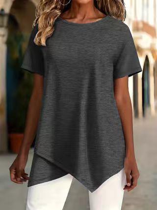 women's Solid Color Short Sleeve Irregular Hem Round Neck Loose Fit Casual Tunic Top Blouse