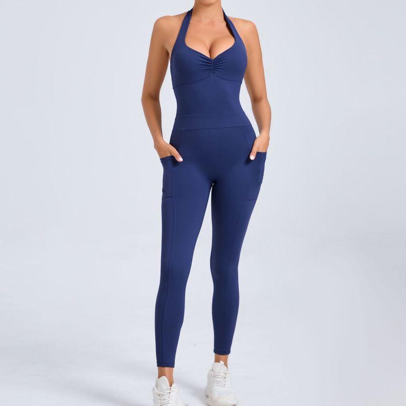 

Bombshell Same Style Halter Side Pocket Yoga Jumpsuit Female Dance Open Back Fitness Bodysuit Navy blue L
