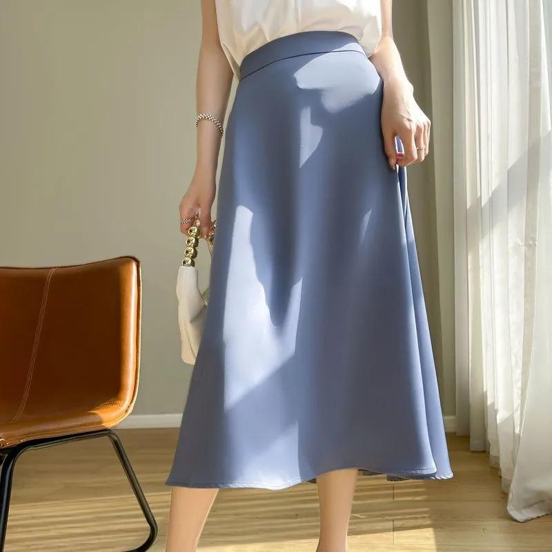 Women's Satin Midi Skirt Elegant High Waist A-line Flowy Silky Smooth Solid Color Casual Skirt