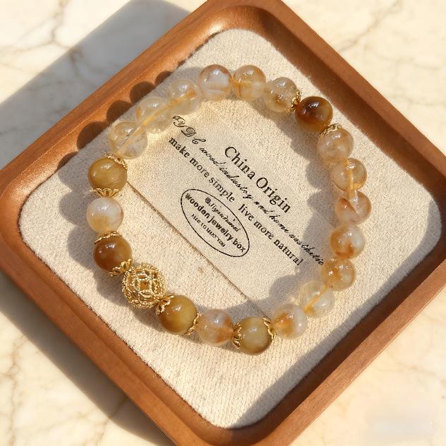 Elegant Golden Rutilated Quartz and Tiger's Eye Beaded Bracelet
