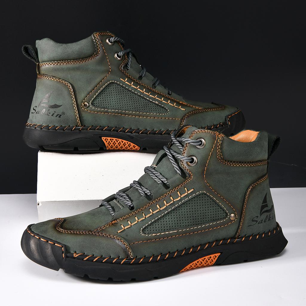 New Handmade Casual Leather Shoes Men Ankle Boots Outdoor Shoes Sneakers Spring Retro Breathable Lace Up Non-Slip Walking Shoes