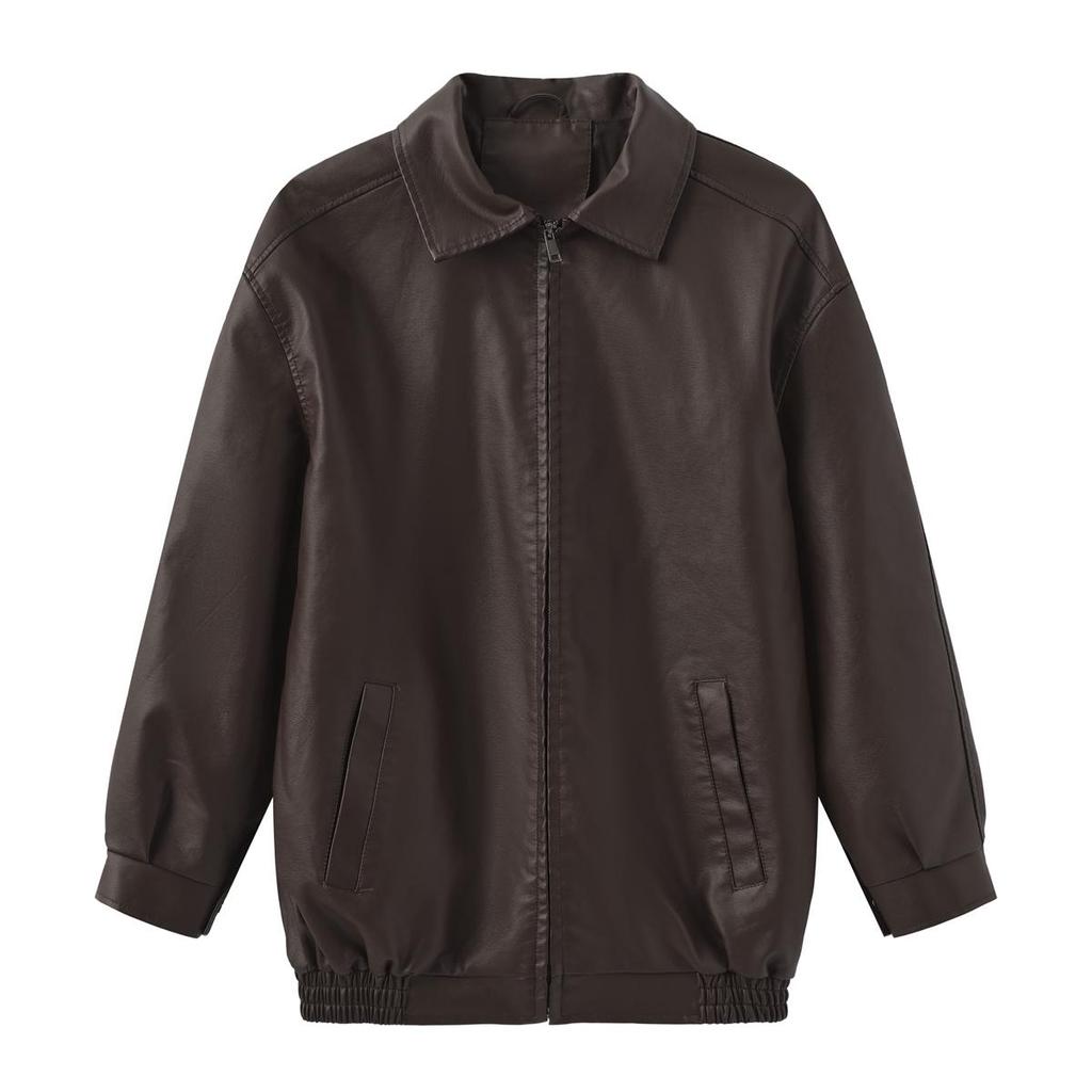 Kadın Ceketleri Suni Deri Uzun Kollu Yaka Fermuarlı Bol Ceket Sonbahar İlkbahar Motosiklet Bomber Üstler Tatil Günlük Dış Giyim