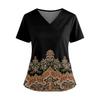Women's Fashionable Printed V Neck Double Pocket Short Sleeved Shirt With Slit Hem Uniform And Worker Top