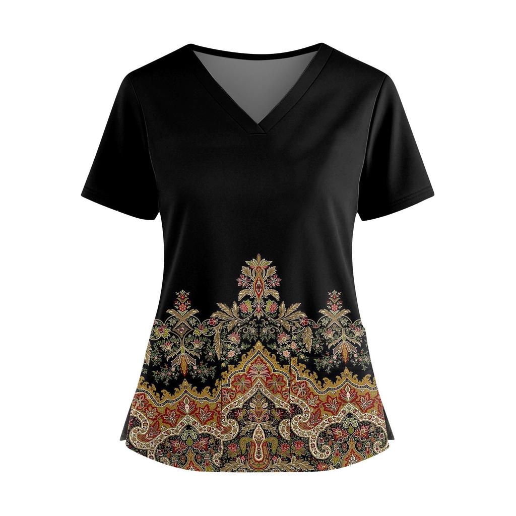 Women's Fashionable Printed V Neck Double Pocket Short Sleeved Shirt With Slit Hem Uniform And Worker Top