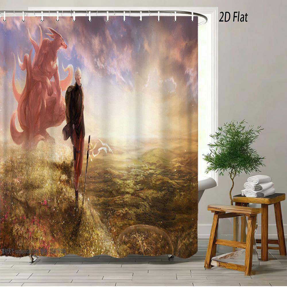 Dragon Ball Z Majin Buu (Fat Buu) Cheerful Pose Scene 2D Print Waterproof Shower Curtain, Vibrant Solid Purple Background With P