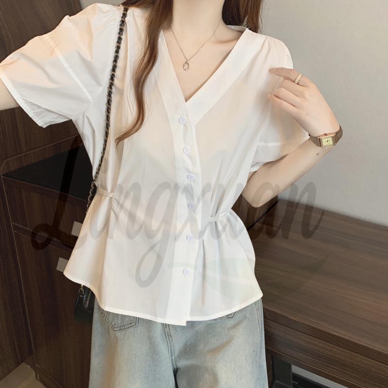 2026 Summer Retro V-neck Slimming Plus Size Short-sleeve Top XL