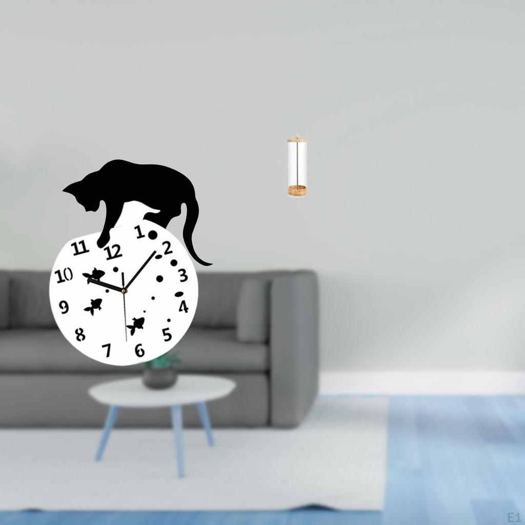 Silent Hanging Cat Wall Clock with Quiet Movement And Transparent Straw Organizer Holder for Living