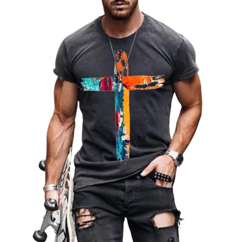 Nové letní pánské módní tričko Osobnost Vícebarevné pánské tričko s křížovým potiskem