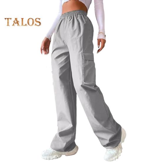Pantaloni cargo pentru femei, cu talie elastică, cu picior lat, de culoare uni, pantaloni de sport casual, cu buzunar lateral cu clapă