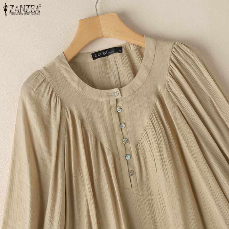 ZANZEA Women Casual Round Neck Solid Color Long Sleeve Cover Up Blouse