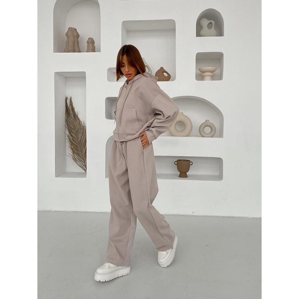 Women's New Zipper Hooded Sports Cardigan with Tie Up Pants Two-piece Casual Set