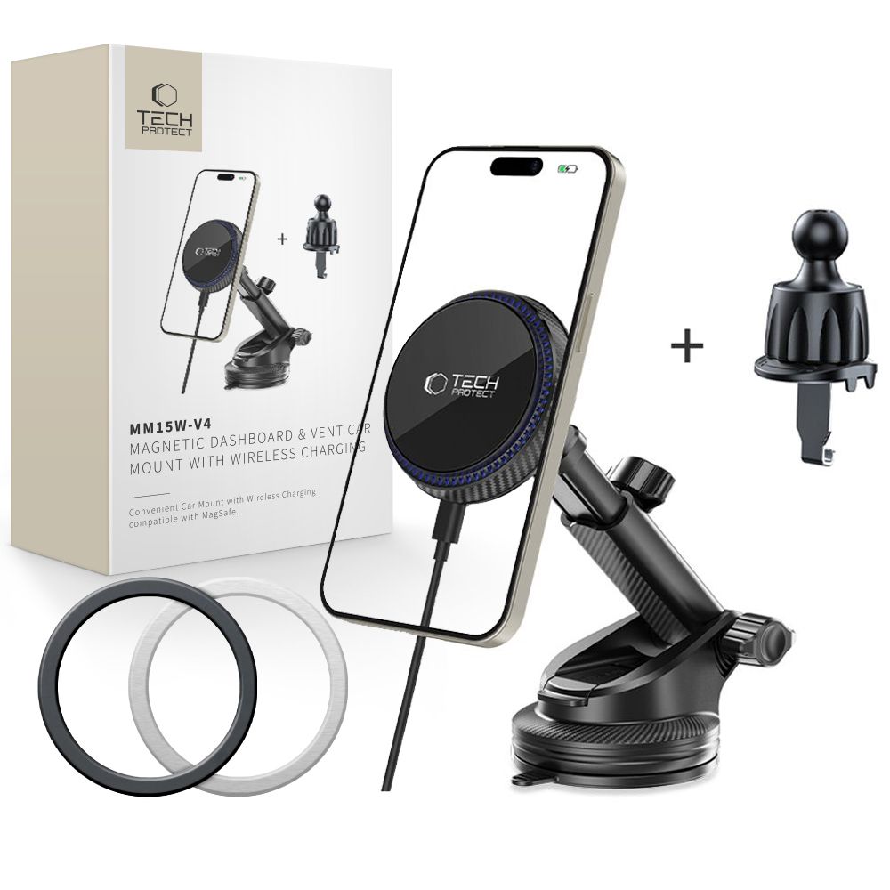 Tech-Protect Mm15W-V4 Magnetic Magsafe Dashboard & Vent Car Mount Wireless Charger 15W Black